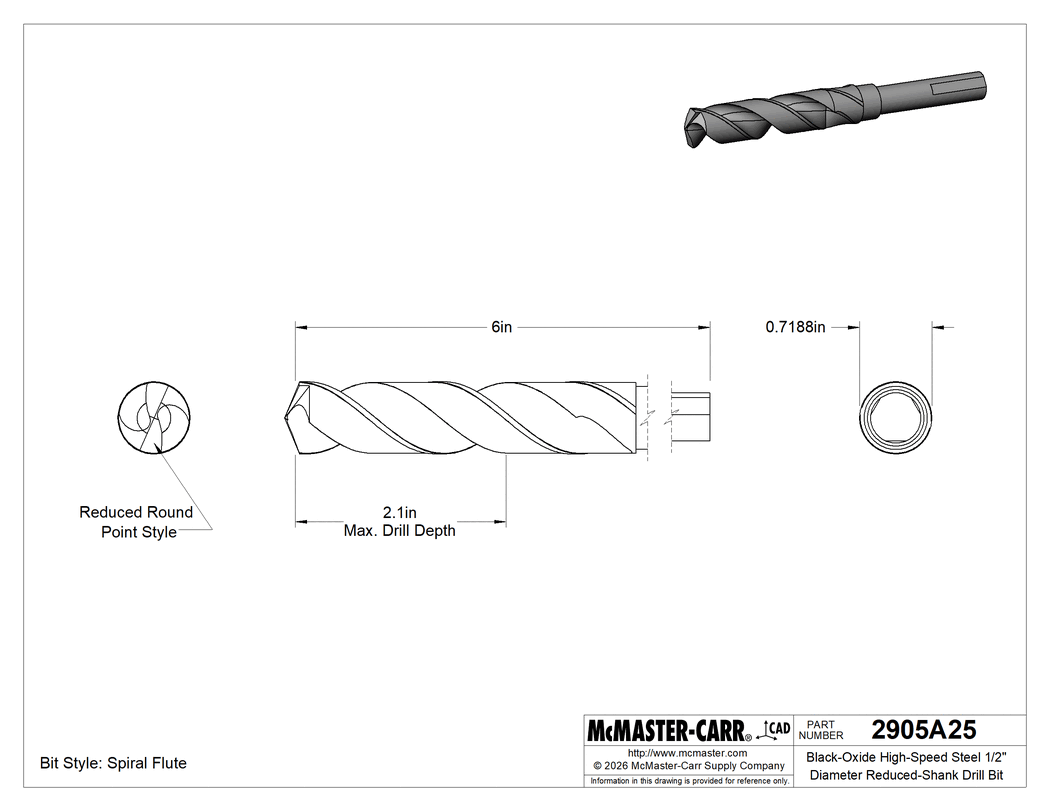 Technical Drawing of Reduced-Shank Black-Oxide High-Speed Steel Drill Bit, Jobbers', 23/32" Bit Size, Split.